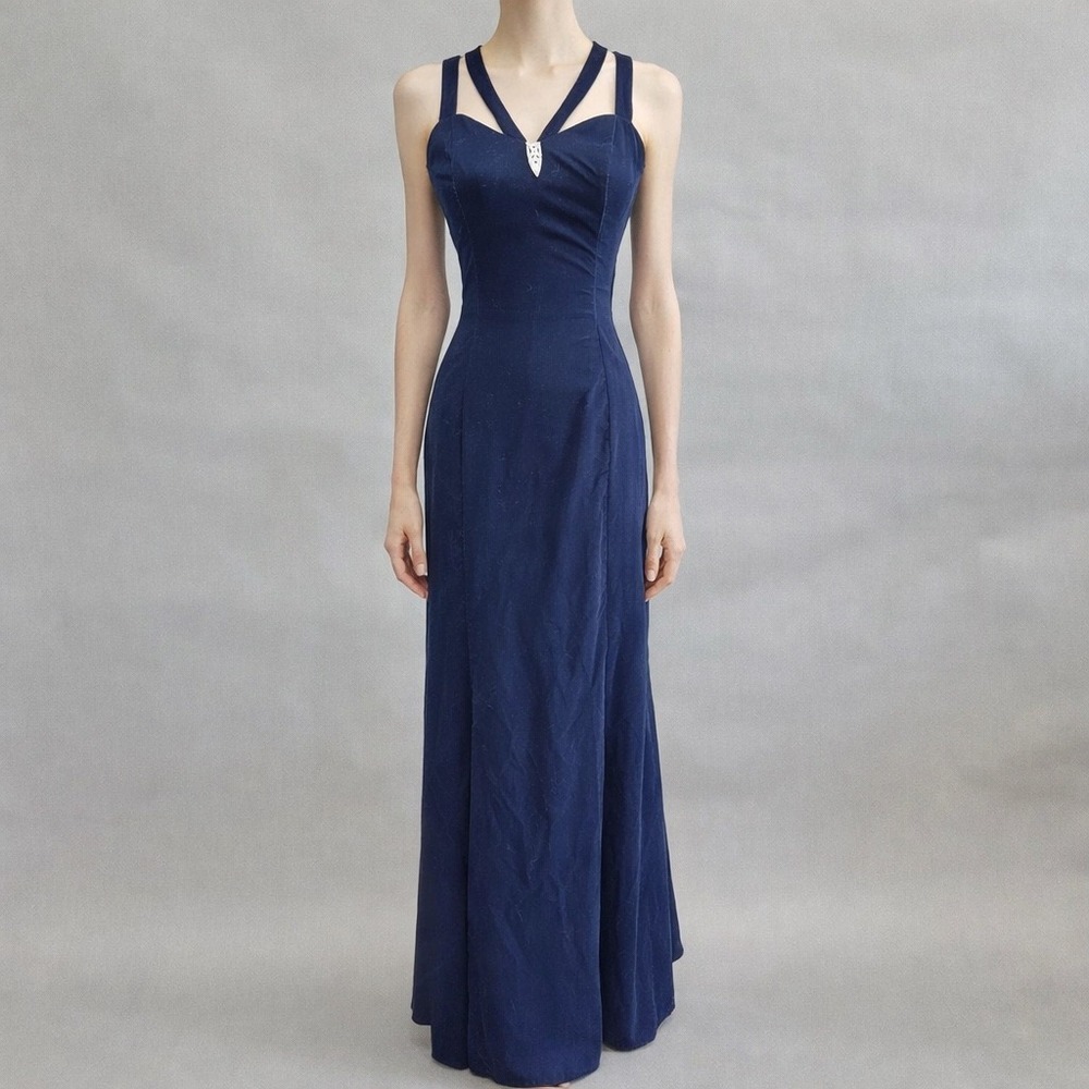 Jessica McClintock Gunne Sax Navy Blue Velvet Halter Gown Formal Dress Size 5/6‎